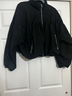 DKNY Black Gathered Bomber Jacket with Silver Zippers